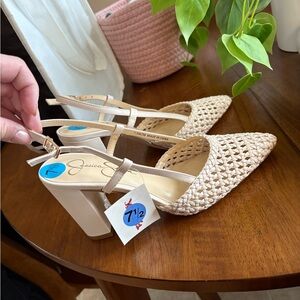 7.5 slingback chunky woven cream heels